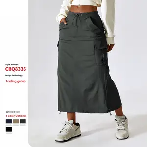 Groothandel Custom Casual Elasticiteit Retro Cargo Rok Met Zakken Lange Rokken Voor Vrouwen