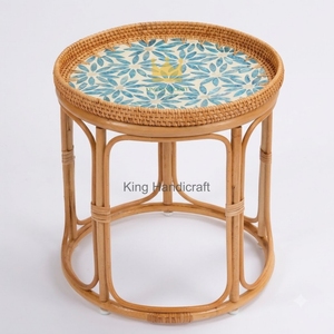 Unique Handicraft Cane Tea <b>Table</b> <b>Round</b> Shell Inlay Top Boho Style Bedside Living Room Corner <b>Coffee</b> <b>Table</b> <b>Cheap</b> Price - Product Image 4