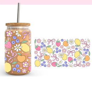 Coquette 16oz Summer Fruit Glass <span class=keywords><strong>Can</strong></span> Wrap Pastel Lemon & Strawberry Design DTF Transfer Printing Elegant Summer Gift Cup - Product Image 1