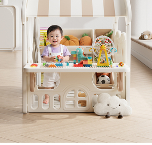Casetta da Gioco in Plastica da Interno con Tenda e Scaffale Portagiochi per Blocchi da Costruzione per Neonati e Bambini - Product Image 5