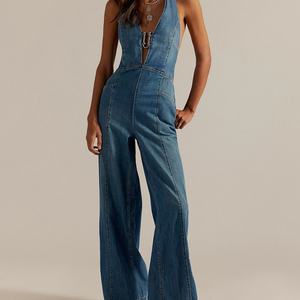 จั๊มสูทเดนิมทรงสลิมฟิตสไตล์เรโทรใหม่สำหรับผู้หญิง แฟชั่นสตรีทสไตล์ เปิดหลัง สีน้ำเงินฟอก เอวสูง ทรงสกินนี่ - Product Image 1