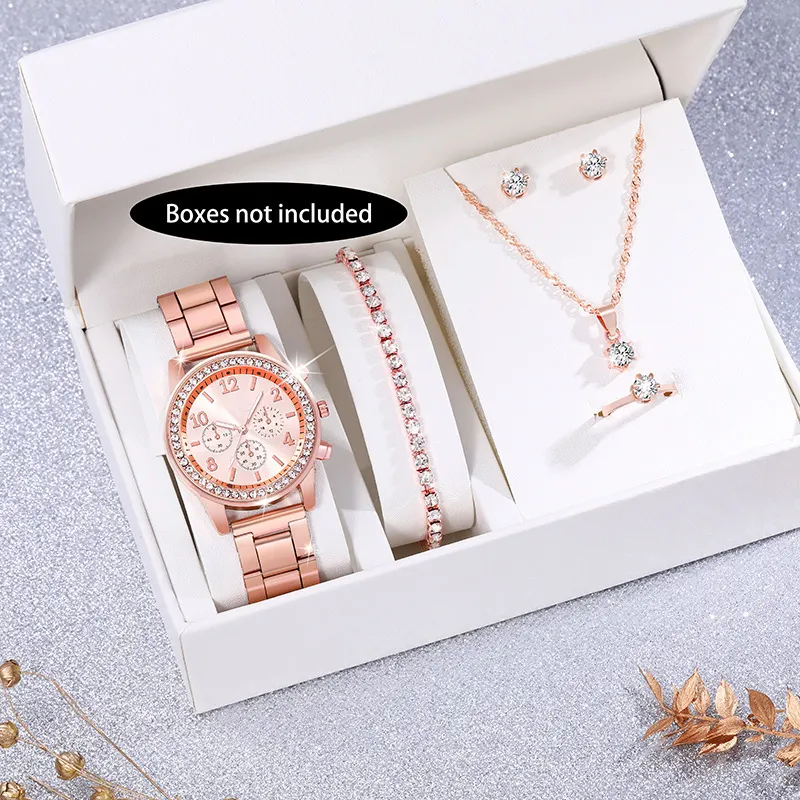 Jam tangan gelang mewah untuk wanita, Set 6 buah jam tangan gelang berlian imitasi modis kalung dan anting-anting
