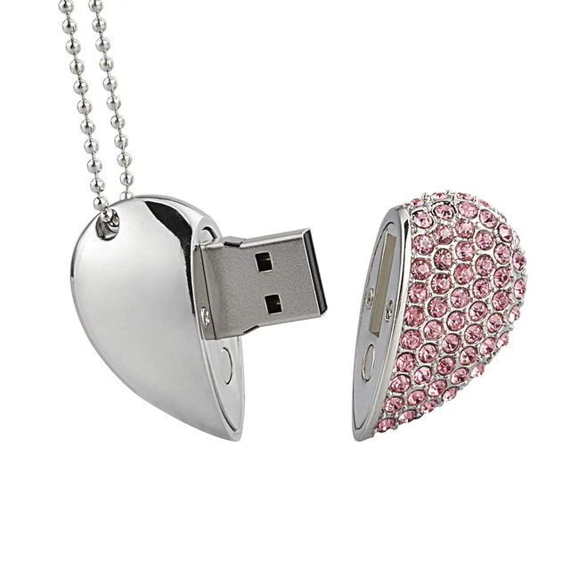 Fashion Jewelry Heart USB Flash Drive Crystal Diamond Pendrive Elegant Wedding Photography Gift Metal Memory Stick with Keyring