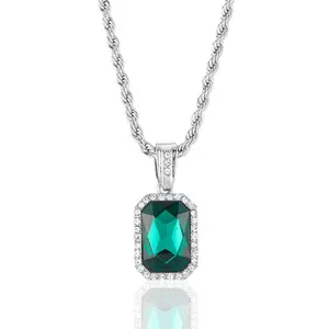 Hip Hops Iced Out Blue Gemstone Pendant Necklaces Green Cubic Zircon Geometric Square Diamond Necklace
