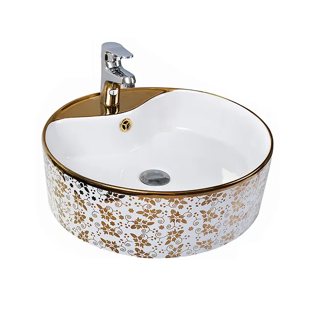 Hot Sale Sanitary Ware Porcelain Round Table Top Bathroom Sink Ceramic Gold Plated Art Wash Basin Price