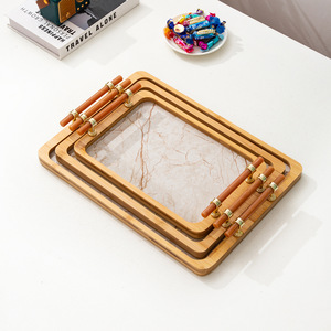 Bamboo Stone-Plastic Base <b>Tea</b> <b>Tray</b> With Handle For Home Living Room Kitchen Use Light Luxury Style - Product Image 3