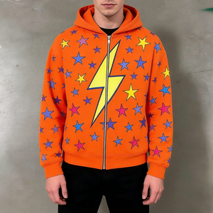 Men's Trendy <strong>Bright</strong> Orange Zipper Hooded Colorful <strong>Star</strong> Lightning Print Casual Daily Streetwear Stylish <strong>Fashionable</strong> Hoodies - Product Image 1