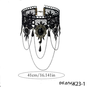 قلادة دانتيل سوداء قوطية عتيقة من PESENAR: إطار مزخرف مع حجر أسود كبير، سلسلة متعددة الطبقات مع شراشيب وخرز متدلي - Product Image 4