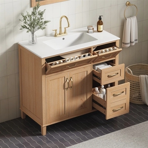 <span class=keywords><strong>Meuble</strong></span>-lavabo de salle de bain 36 pouces avec <span class=keywords><strong>vasque</strong></span> en céramique, finition grain de bois, pieds en bois massif, portes à fermeture douce, couleur naturelle - Product Image 1