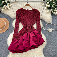 Gaun Mini A-Line Berlapis Ruffle Payet Lengan Panjang Wanita, Gaun Pesta Koktail Elegan untuk Musim Semi Gugur