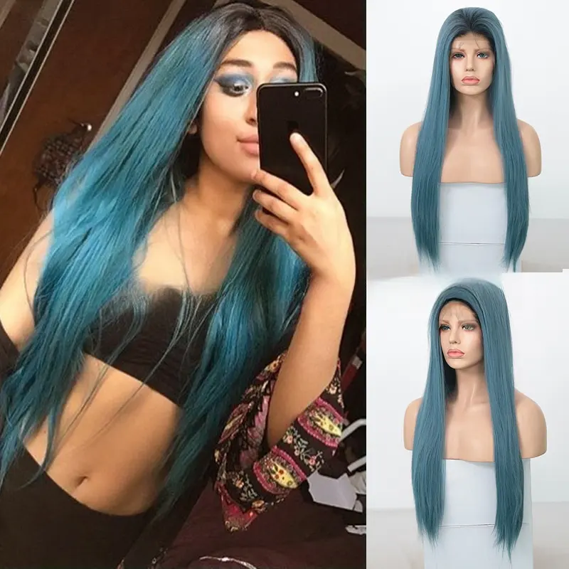 Long Straight Synthetic Gradiente Azul Claro Verde Peruca Longa Para Mulheres Negras Parte Média Natureza Peruca Cosplay