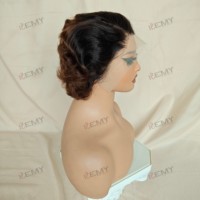 KEMY HAIR Perruque Courte Pixie Cut Cheveux Naturels Lace Front Sans Colle Ondulée Ombrée Marron HD Lace Cheveux Indiens Bruts pour Femmes Noires