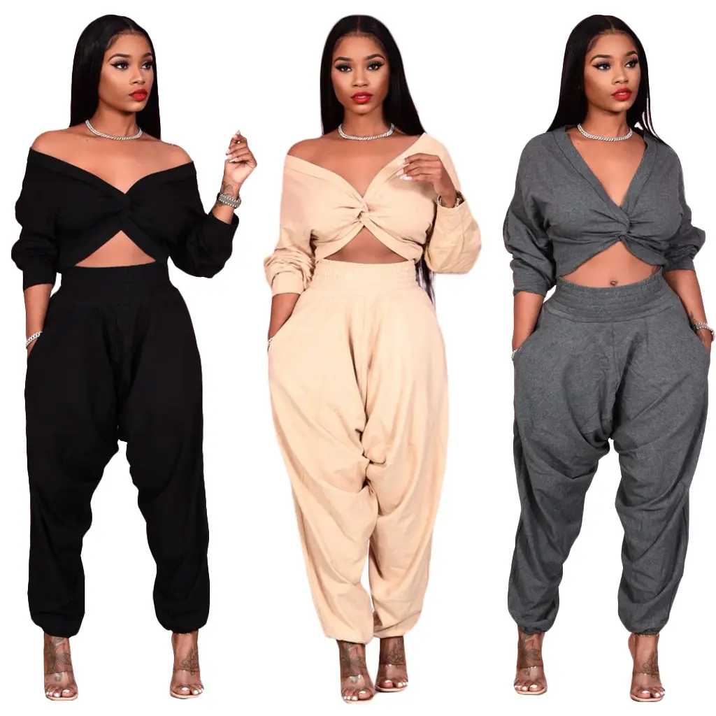 Fall Solid Long Sleeve Crop Tops Harem Pants Women's Loose Outfits Sexy Ladies Two Piece Pants Set With Pocket
