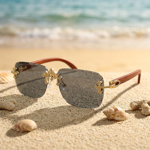 Lunettes de soleil de luxe sans monture, verres polarisés gris foncé, monture en bois, décor doré, unisexe, protection solaire pour adultes - Product Image 2