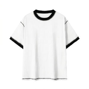 Camiseta de cuello redondo con ribete en contraste, estilo vintage, con costuras expuestas, informal, de dos tonos en cuello y mangas. - Product Image 1
