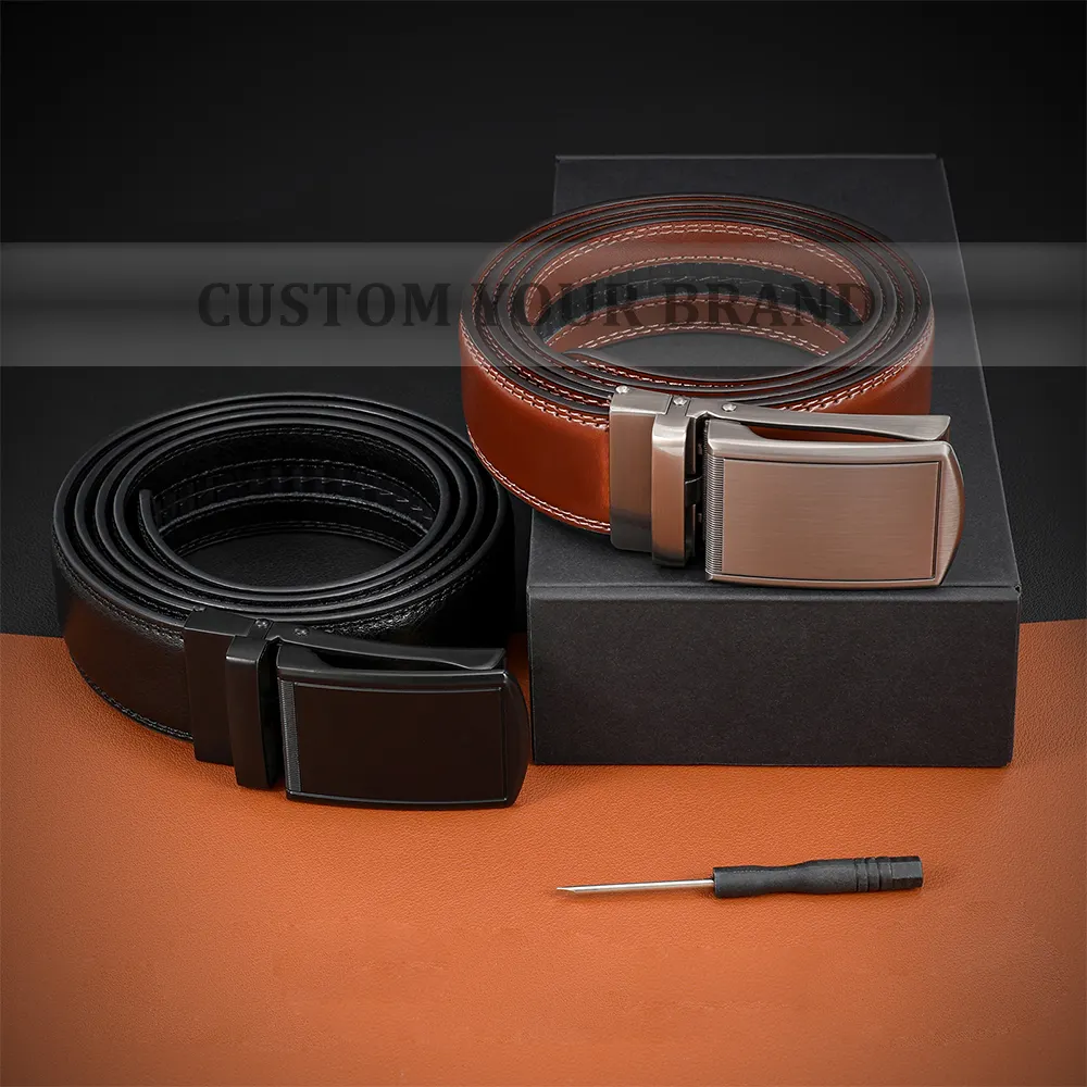 Luxury Design Factory Price 110-130 CM Automatic Bucle Ratchet Buckle Custom Color logo Cowhide Genuine Leather Belt