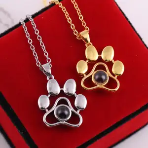 Unique Design Gold Plated Chain Cute Animal Foot Cat Dog Paw Necklace 100 Languages Projection Necklace For Men Woman
