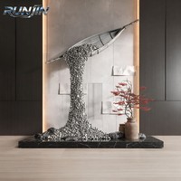 RUNJIN RJ-263 Patung Daun Gantung Seni Logam, Poles Cermin, Baja Tahan Karat, Tempa Tangan, Patung Bola Bertingkat, Tinggi 280cm, Custom