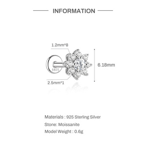 Sparkling Floral Cluster S925 Silver D Color Moissanite Flat Back <b>Cartilage</b> Piercing <b>Stud</b> Earring <b>Cartilage</b> Moissanite Piercing - Product Image 5