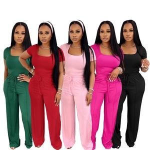 Conjunto de Pantalones de Dos Piezas Casuales de Verano con Top Corto con Cuello en <span class=keywords><strong>U</strong></span> y Pantalones Anchos - Product Image 1