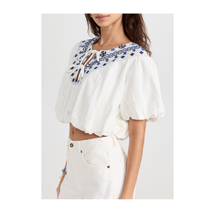 Sweet Bubble Hem Embroidered <strong>White</strong> Cotton Crop <strong>Top</strong> <strong>Boho</strong> Women Resort Wear - Product Image 3