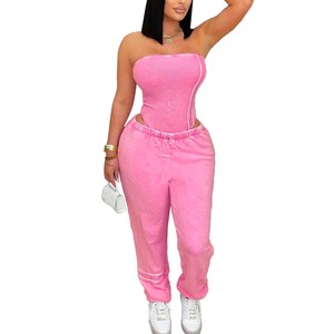 FS16919D Women Summer Two Pieces Sweatpants Set With <strong>Strapless</strong> Tube <strong>Bodysuits</strong> - Product Image 4
