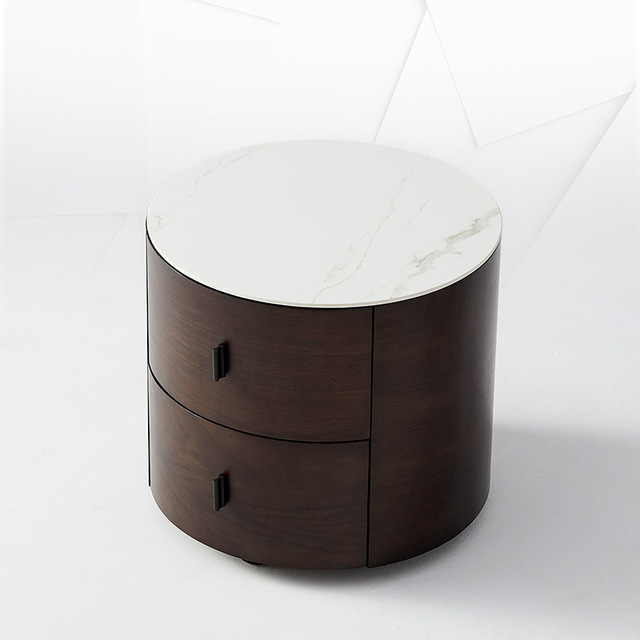 Italian Minimalist Round Nightstand with Storage Solid Wood and Slate Top Nordic Style Smart Safe Night Table 2 Drawers