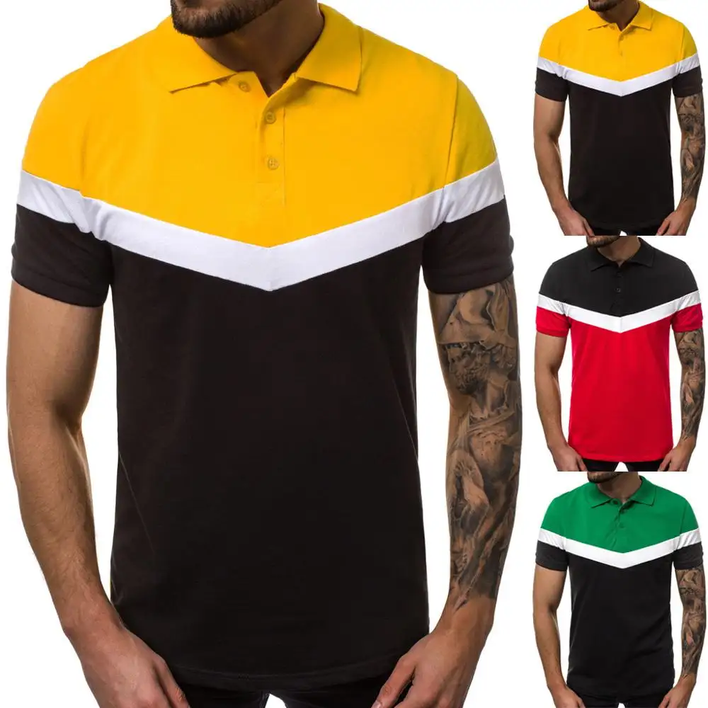 Camisa polo combinação de cores poliéster, camisa casual masculina, preta, amarela