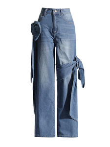 Jeans Femme Taille Haute Style Boyfriend Délavé Patchwork avec Nœud Respirant et Séchage Rapide Conception Cargo - Product Image 2
