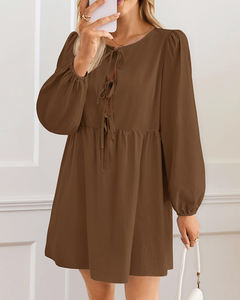 Vestido de Damas jóvenes <span class=keywords><strong>para</strong></span> el verano Color deslizado O-cuello Manga larga Vestidos acampanados con pajarita y botón oculto - Product Image 1