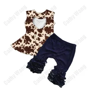 Set Pakaian Butik Bayi Perempuan Fashion Desain Sapi Coklat Kemeja Peplum Punggung Sendok Hati Celana Pendek Denim Pakaian Pabrik Kustom
