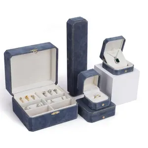 New Design Octagonal Blue Pink Velvet Necklace Ring Bracelet Set Packaging Jewelry Box Luxury
