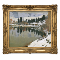 Pintura al Óleo de Lago de Montaña Invernal, Bosque Nevado con Reflejos, Arte de Pared de Paisaje Vintage, Marco de Madera, Tamaño Personalizado para Hotel