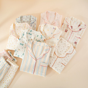 [Crepe Diary] Chemises <span class=keywords><strong>de</strong></span> <span class=keywords><strong>nuit</strong></span> longues pour femmes, 100% <span class=keywords><strong>coton</strong></span> tissé imprimé, double couche, col rabattu, manches longues - Product Image 1