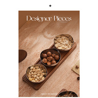 Ensemble de bols en acier inoxydable poli miroir avec base en bois rainurée 24cm 33cm, pour servir les noix, les sauces et les condiments, deux ou trois bols