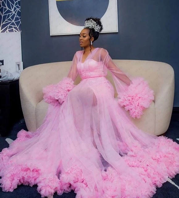 Pink Wedding African Bridal Shower Dresses With Lace Up Back And V-neck Floor-length Polyester Robes For Brides Mw634