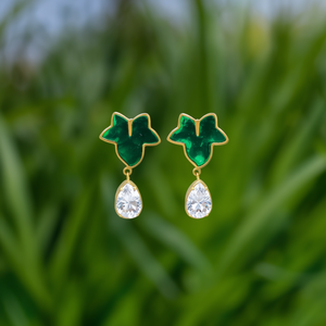 Fashion Drop <b>Earrings</b> Green Enamel Gold Plated <b>Crystal</b> Teardrop <b>Studs</b> Sustainable 316L Stainless Steel Resistant - Product Image 3