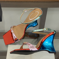 Sandales pour femmes multicolores à bout carré, mules à boucles, talons compensés bleus hauts, à enfiler, à double bride
