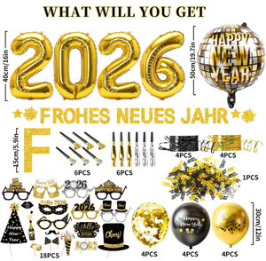 Bannière Joyeux Nouvel An allemande <span class=keywords><strong>Disco</strong></span> 2026, Ballons en feuille métallisée, Ballons imprimés métalliques, Confettis, Trompettes à confettis, Accessoires photo - Product Image 6