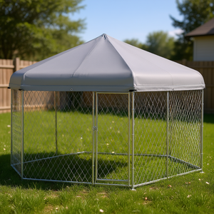 บ้านสุนัขทรงหกเหลี่ยมสีเงิน ขนาด 13.4 x 11.5 ฟุต สำหรับกลางแจ้ง กันน้ำ ทนรังสียูวี โครงสร้างโลหะ สำหรับสุนัขขนาดกลางถึงขนาดใหญ่ - Product Image 2