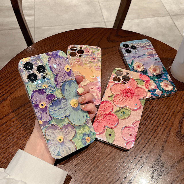 Luxury Fashion Pink Flowers Glitter Laser Phone Case for iPhone 14 Pro Max 13 12 11 X XS XR 7 8 Plus Luxury Mobile Phone Cover