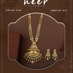 Elegant antique gold <b>long</b> haram <b>necklace</b> traditional temple design bridal jewelry with detailed and matching earring - Product Image 2