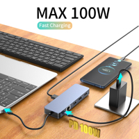 Hub USB 3.0 Tipe C 11 in 1, ke Ethernet dengan HDTV PD stasiun Dok pengisian daya untuk laptop MacBook