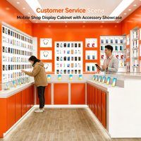 Meuble de présentation mobile personnalisé orange et blanc pour boutique, comptoir de service multi-niveaux avec vitrine d'accessoires muraux et grand rangement