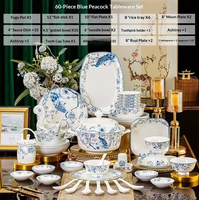 Service de table en porcelaine fine motif paon bleu de Jingdezhen, compatible micro-ondes et lave-vaisselle, idéal pour la maison et les banquets