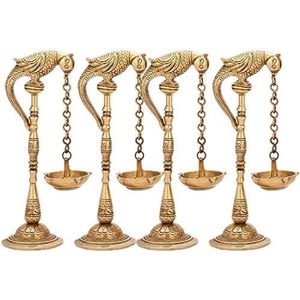 Support de lampe à huile religieuse hindoue en laiton en forme d'oiseau avec chaîne suspendue Cadeaux de temple à la maison Fengshui Ensemble de 4 pièces comprenant un bec Diya - Product Image 4