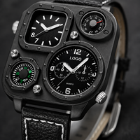 Reloj de Cuarzo para Hombre, Caja de Aleación, Esfera con Indicadores, Brújula, 50 mm, Movimiento Seiko, Dos Zonas Horarias, Correa Acrílica, Diseño Cuadrado