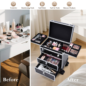 Aluminum Trolley Train <b>Case</b> with 360° Swivel Wheels Professional <b>Makeup</b> Rolling <b>Case</b> with Sliding Drawers Travel Cosmetic Box - Product Image 2