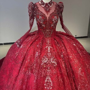 Dw0202 Handmade Crystals Rhinestones Pearls Beaded Red Lace Appliques Vintage Wedding Ball Gown Quinceanera Dresses Jancemebr - Product Image 2