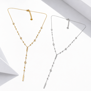 Collar de circonita en forma de Y de acero inoxidable con baño de oro de 14K al vacío, con estaciones de bisel redondo y colgante de barra, cadena ajustable de 46 cm - Product Image 1